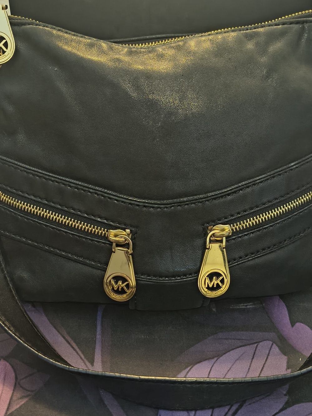 Michael Kors Soft Black Leather Handbag With Gold Accents.